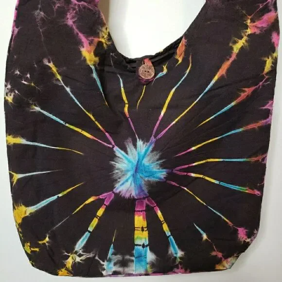 Tie Dye Crossbody Hobo Bag Rainbow Spiral Fabric Festival Purse Handmade Nepal - Picture 4 of 13